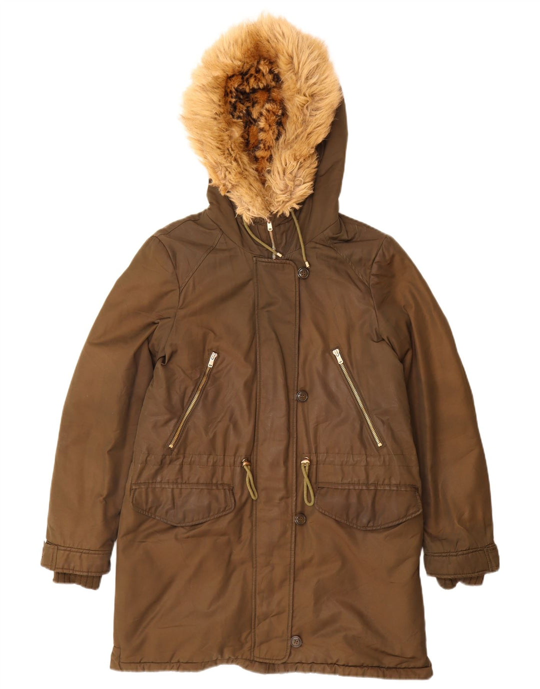 Zara Dame Trafaluc Hooded Parka Jacket UK 14 Medium Khaki Polyester