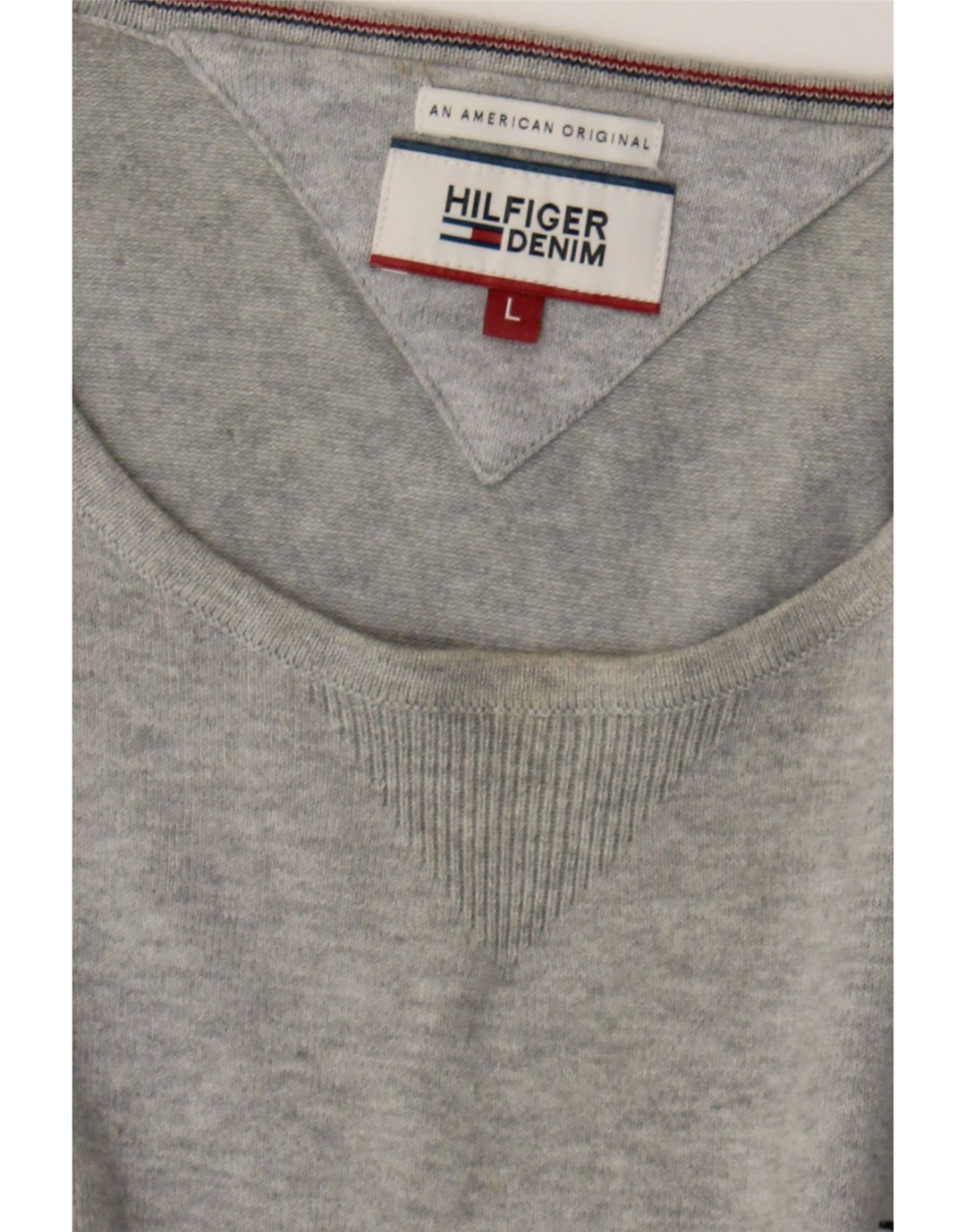 TOMMY HILFIGER Mens Boat Neck Jumper Sweater Large Grey Cotton Vintage Tommy Hilfiger and Second-Hand Tommy Hilfiger from Messina Hembry 
