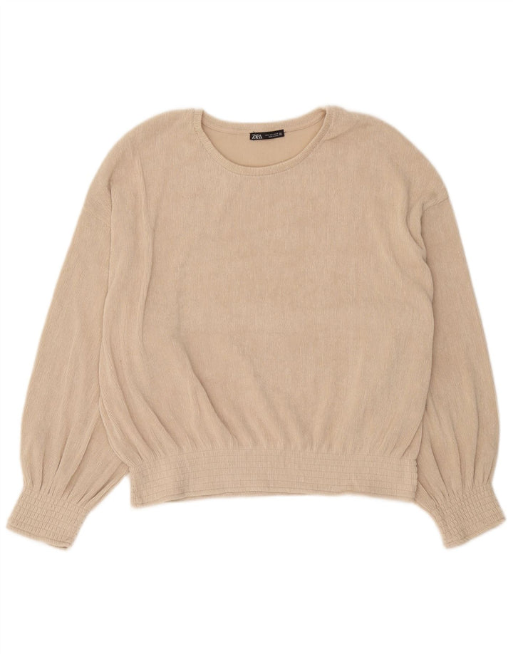 Zara Dame Langærmet Oversized Bluse Top UK 16 Stor Beige Polyester