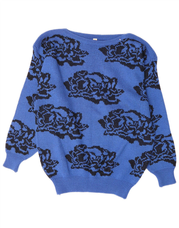 Vintage Dame Boat Neck Jumper Sweater UK 14 Medium Blue Floral