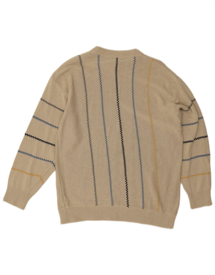 Vintage herre rund hals sweater store beige stribet