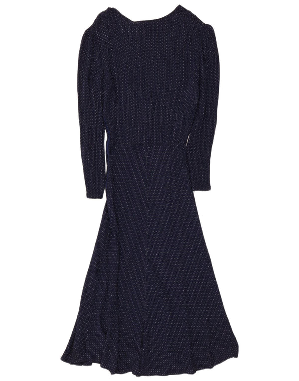 Vintage Dame Langærmet Maxi Kjole UK 8 Small Navy Blue Spotted