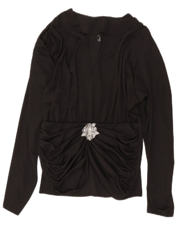 Vintage Dame Langærmet Bluse Top IT 38 XS Sort Polyester