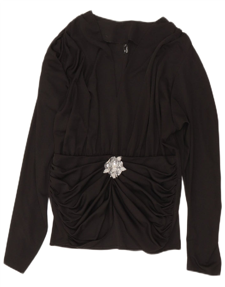 Vintage Dame Langærmet Bluse Top IT 38 XS Sort Polyester