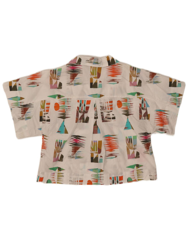 Vintage kvinders kortærmet skjortebluse UK 10 Lille hvid geometrisk bomuld