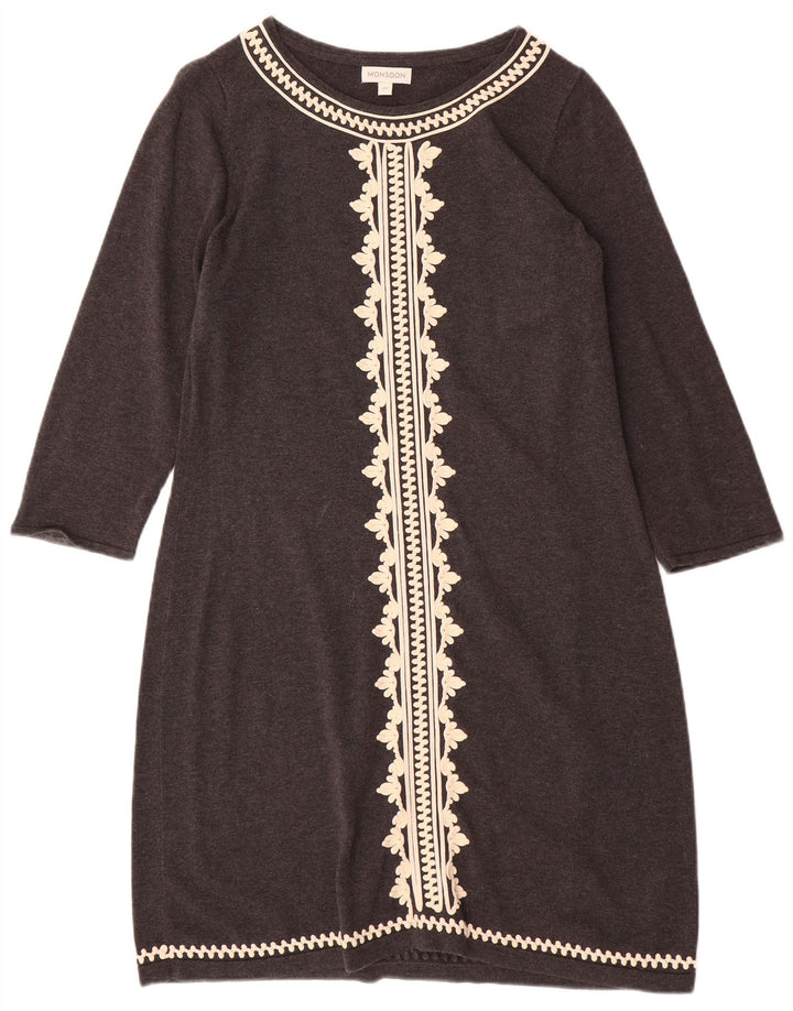 MONSOON Dame 3/4-ærmet Jumper Dress UK 12 Medium Grey Bomuld
