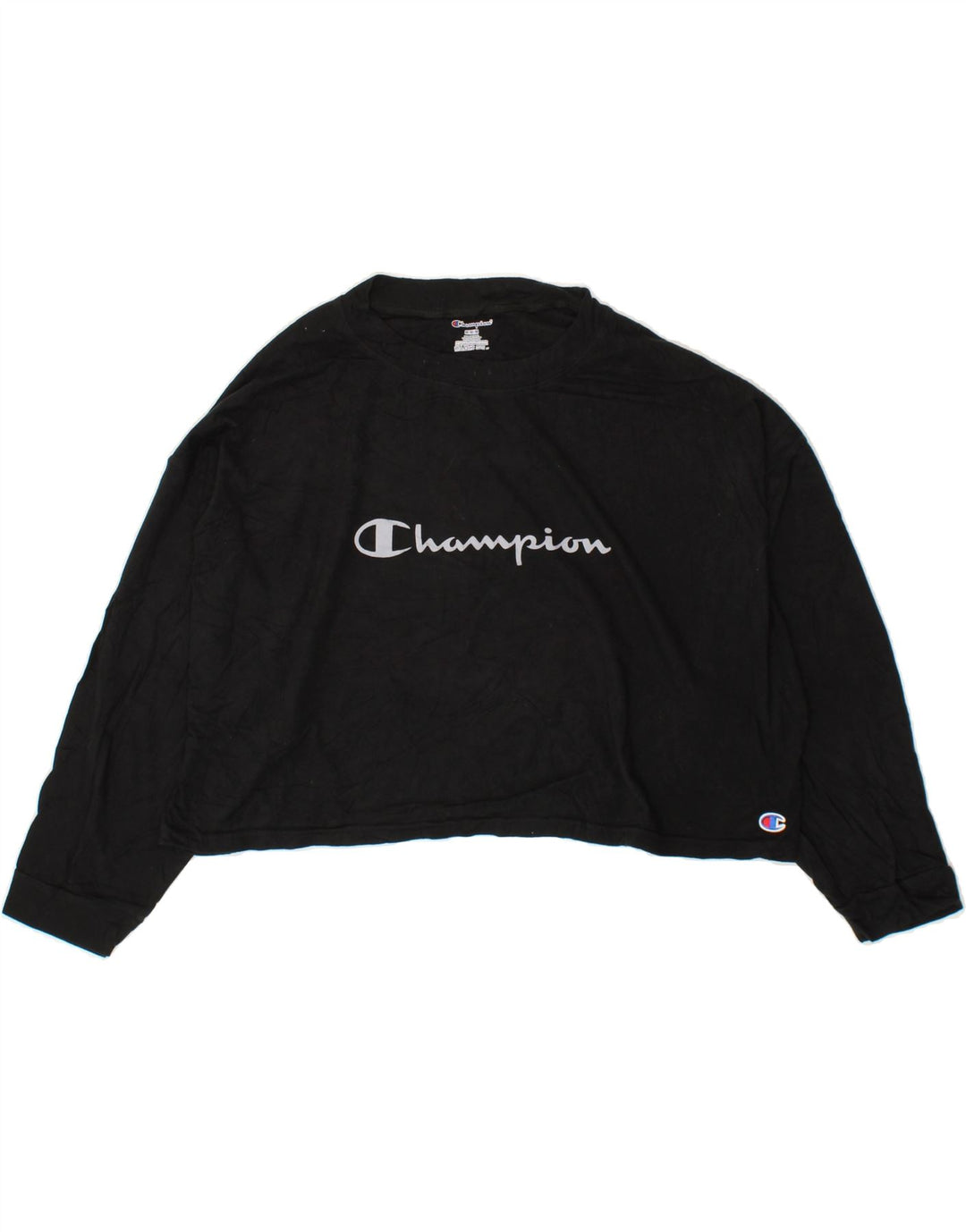 CHAMPION Womens Crop Graphic Top Long Sleeve UK 14 Medium Black Cotton Vintage Champion and Second-Hand Champion from Messina Hembry 