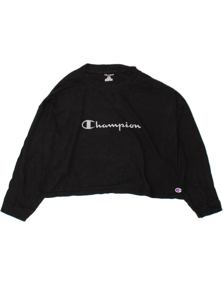 CHAMPION Womens Crop Graphic Top Long Sleeve UK 14 Medium Black Cotton Vintage Champion and Second-Hand Champion from Messina Hembry 