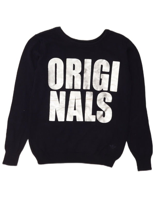 Adidas Dame Grafisk Boat Neck Jumper Sweater UK 12 Medium Navy Blue