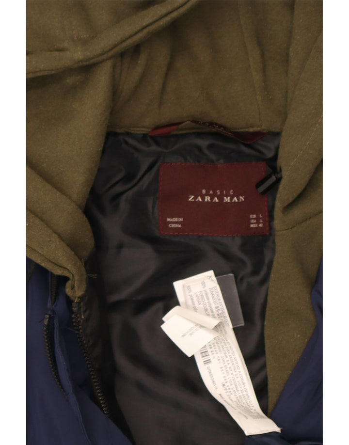 Zara Herre Hooded Bomber Jacket UK 40 Large Navy Blue Colourblock Polyester