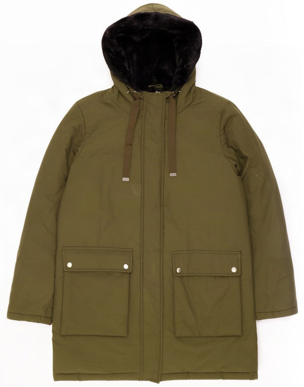 Zara Dame Sherpa Hooded Parka Jacket UK 14 Medium Green Bomuld