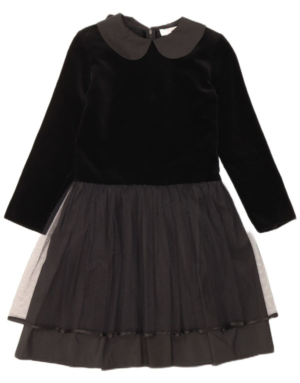 Vintage Piger Langærmet Velvet A-Line Kjole 9-10 år Sort Colourblock