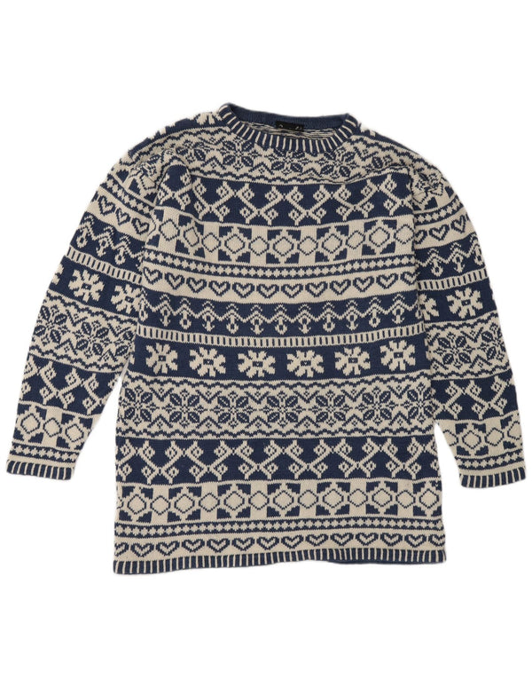 Impuls Herre Crew Neck Jumper Sweater Small Blue Fair Isle Ramie