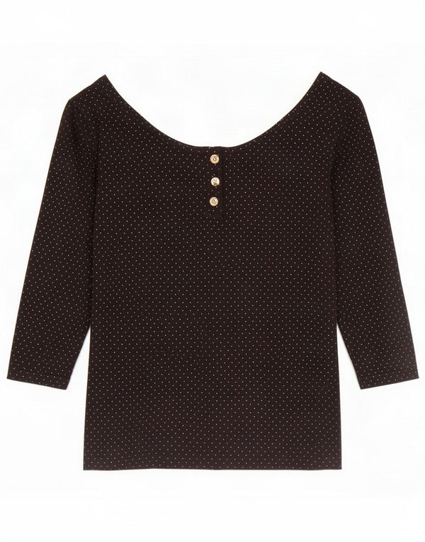 Vintage damebluse med 3/4 ærmer UK 6 XS sort plettet bomuld