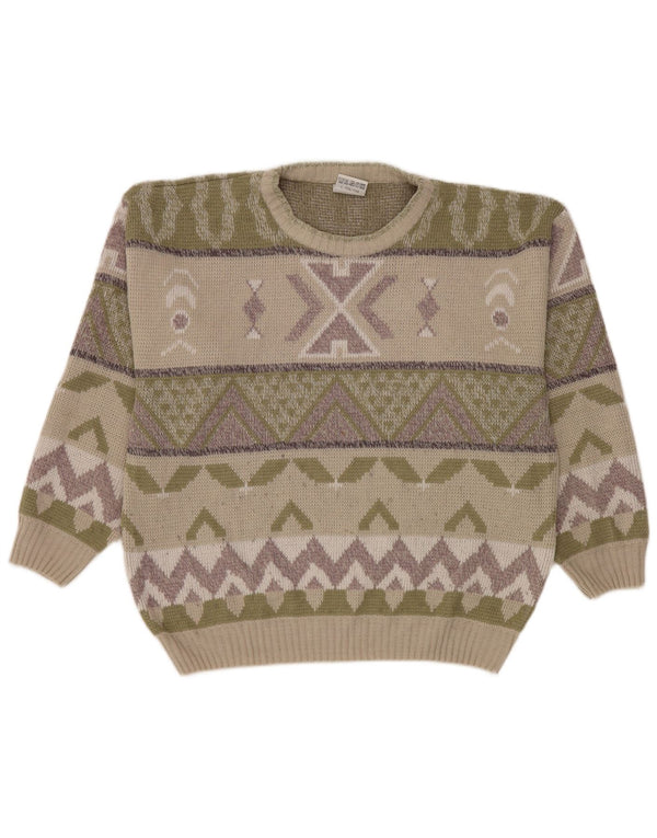Vintage Mens Crew Neck Jumper Sweater UK 42/44 Large Beige Geometric