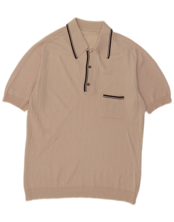 Vintage herre kortærmet polo hals sweater medium beige stribet