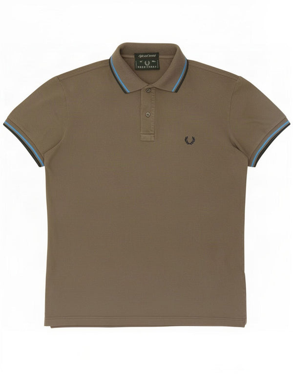 Fred Perry Mens Polo Shirt Medium Khaki Striped Cotton