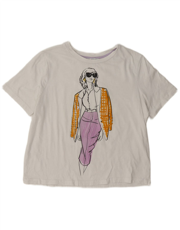 Zara Dame Oversized grafisk T-shirt Top UK 10 Small White