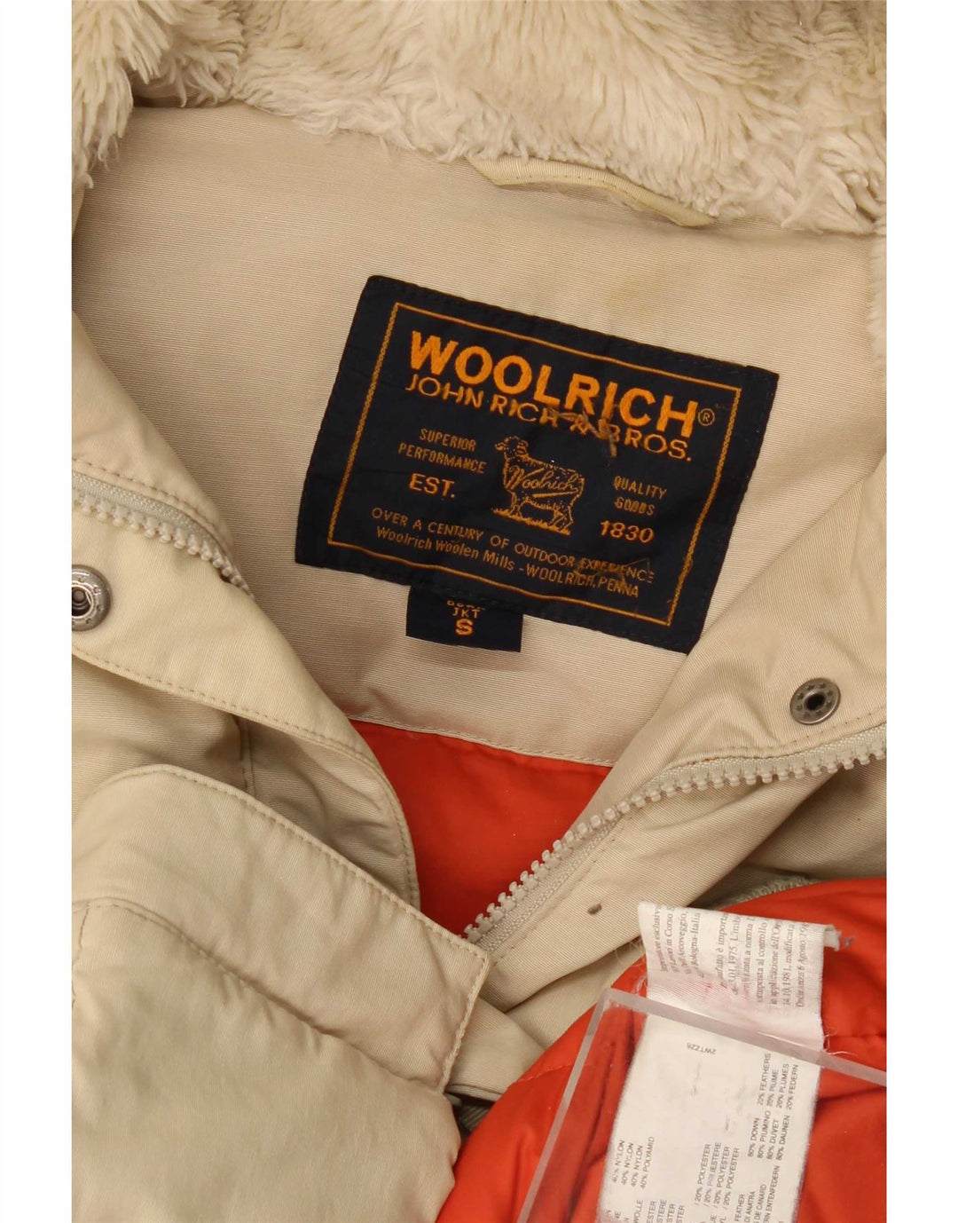 Woolrich Dame Hætte Oversized Polstret Jakke UK 10 Lille Beige Bomuld