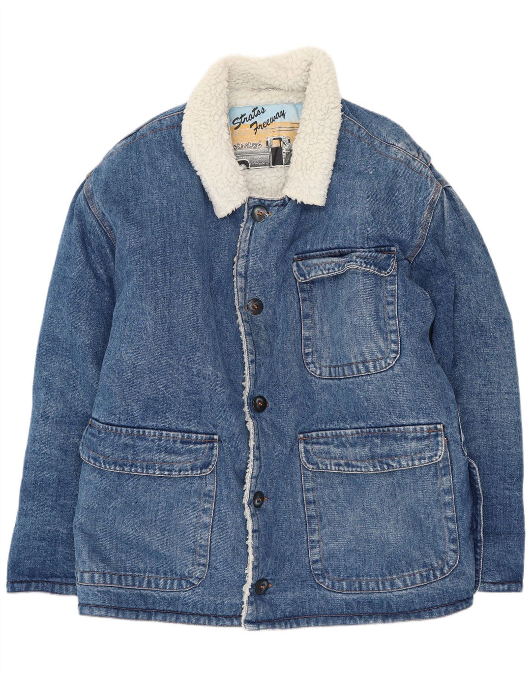 Stratos Herre Sherpa denimjakke UK 38 Medium Blue Cotton Retro