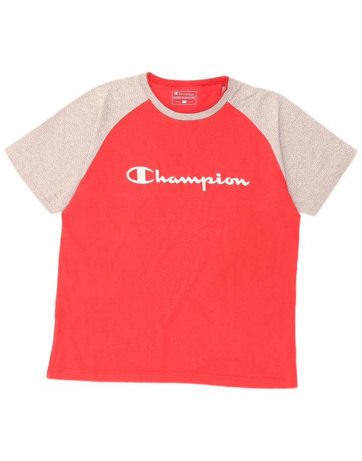 CHAMPION Mens Graphic T-Shirt Top Large Red Colourblock Cotton