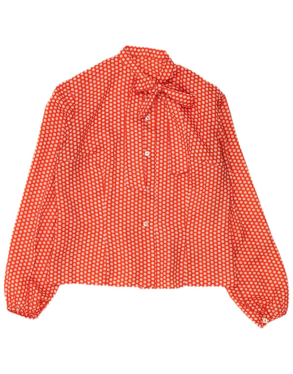 Vintage Dame Front Tie Shirt Bluse UK 14 Medium Orange Polka Dot