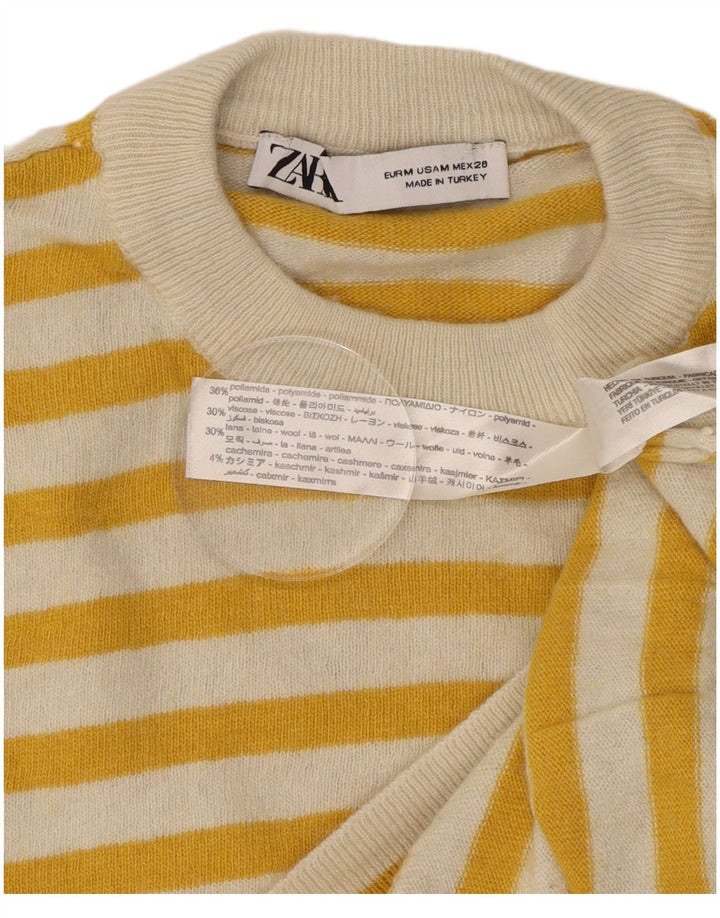 Zara sweater med rund hals til kvinder UK 14 Medium gul stribet polyamid