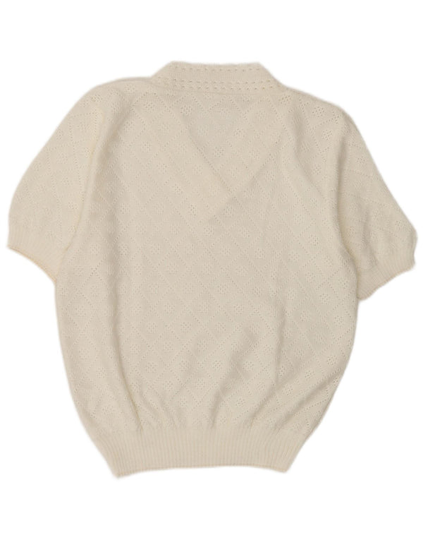 Vintage Dame Kortærmet V-hals Jumper Sweater UK 14 Medium White