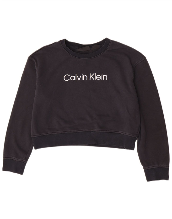 Calvin Klein Womens Graphic Crop Sweatshirt Jumper UK 14 Medium Navy Blue