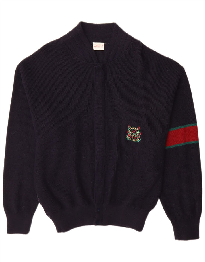 Vintage herre cardigan sweater Stor marineblå Colourblock Uld