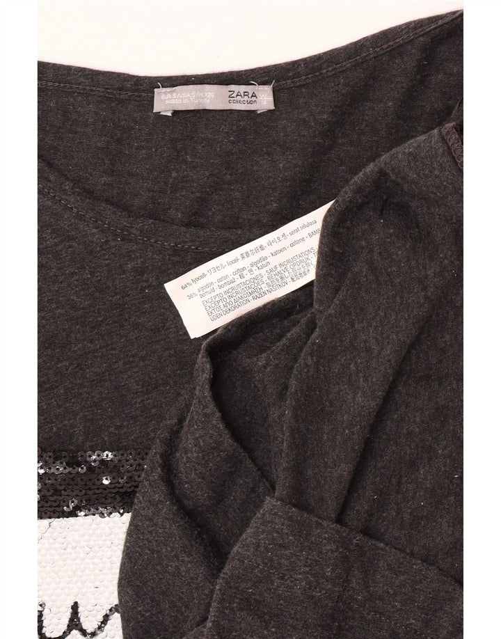 Zara Dame Grafisk Top 3/4 ærme UK 10 Small Grey Lyocell
