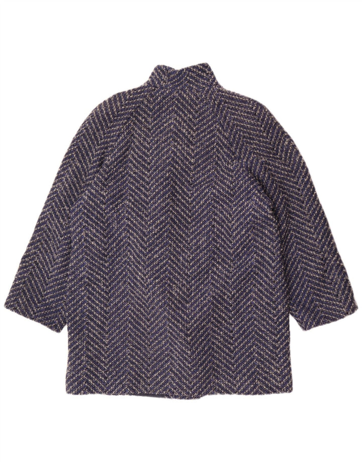 Vintage Dame Dobbeltradet Frakke UK 14 Large Navy Blue Chevron Wool