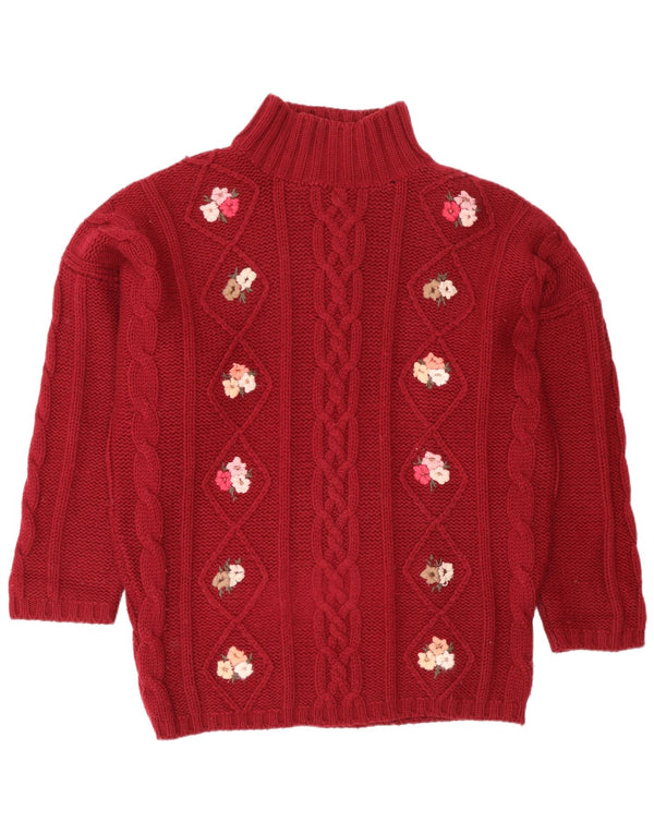 Vintage Dame Turtle Neck Jumper Sweater UK 18 XL Red Floral