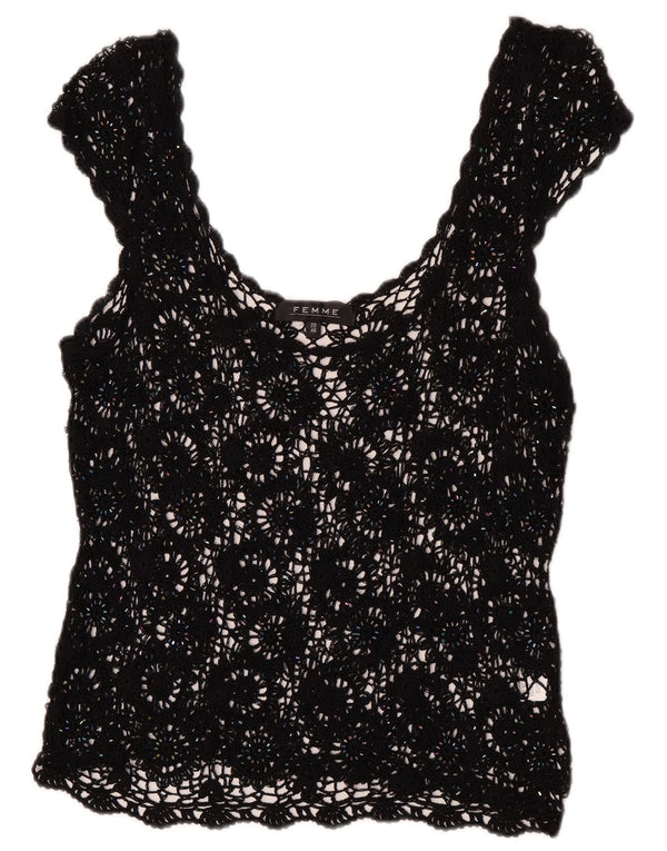 Femme Dame Hæklet Ærmeløs Se Through Top UK 20 2XL Sort Viscose