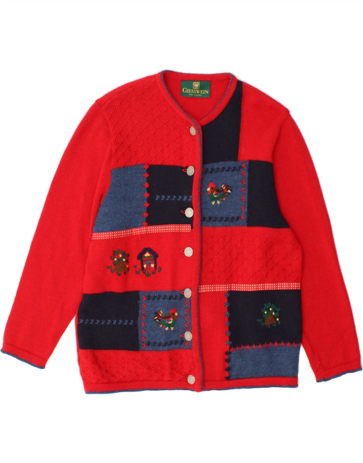 GIESSWEIN Dame Cardigan Sweater UK 12 Medium Rød Patchwork Virgin Wool