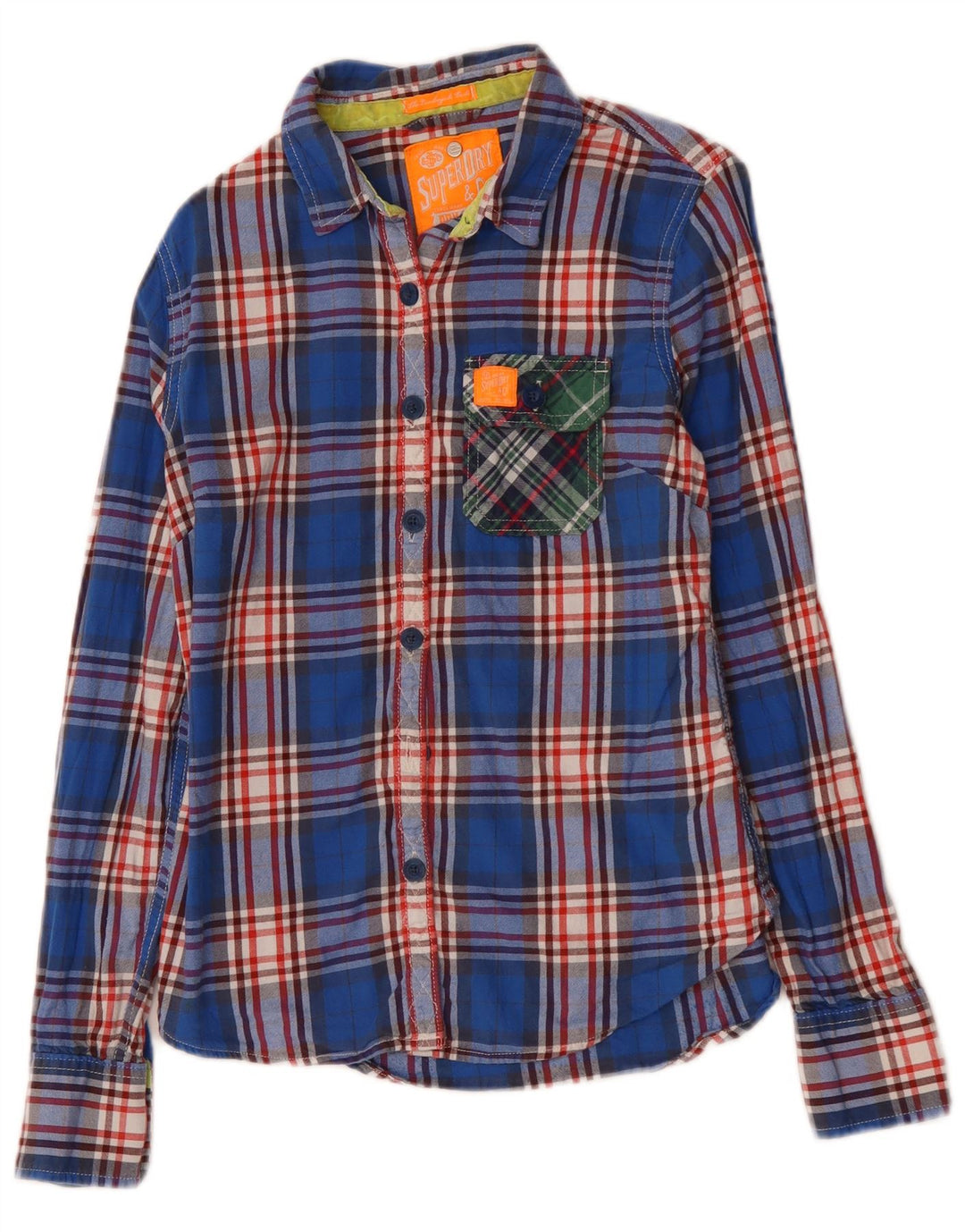 SUPERDRY Dame Flanellskjorte UK 12 Medium Blue Ternet Bomuld