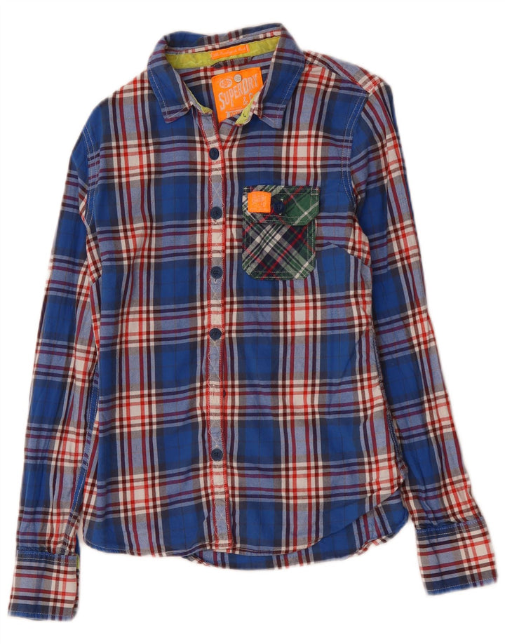 SUPERDRY Dame Flanellskjorte UK 12 Medium Blue Ternet Bomuld
