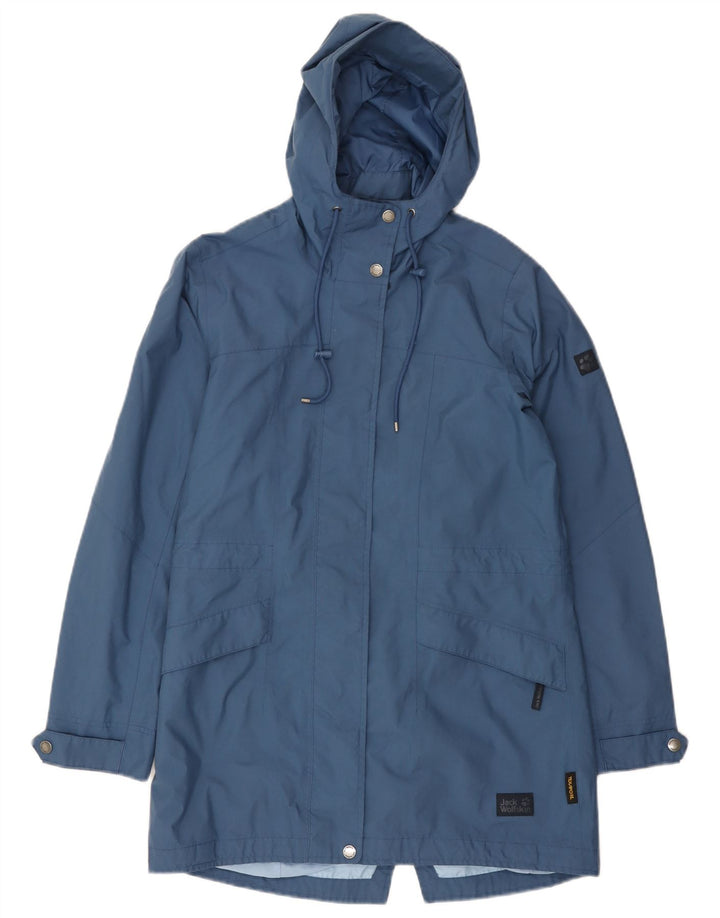 Jack Wolfskin Dame Hætte Oversized Regnfrakke UK 8/10 Small Blue Polyamide