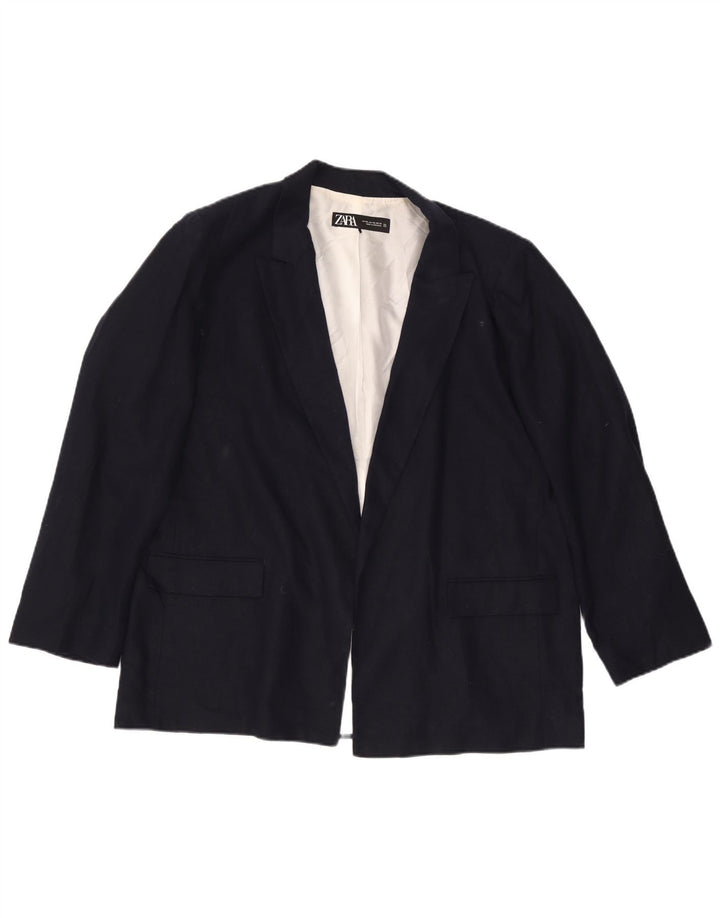 Zara Womens Open Blazer Jacket UK 20 2XL Navy Blue Linen