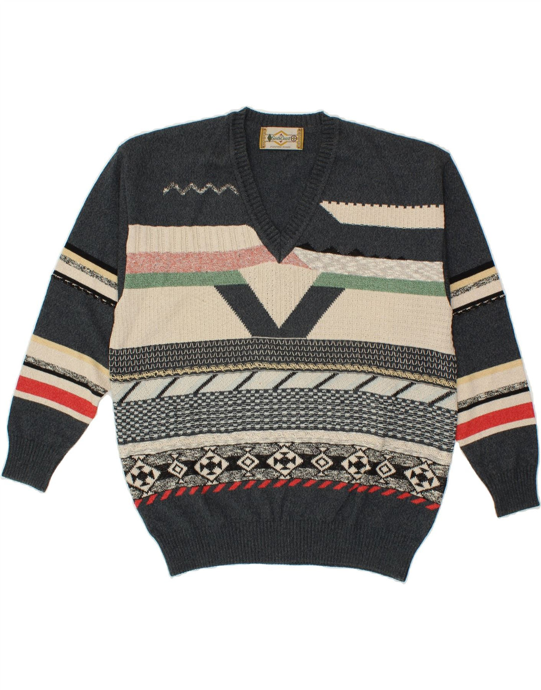 SOUTH COAST Mens V-Neck Jumper Sweater IT 48 Medium Grey Fair Isle Cotton Vintage South Coast and Second-Hand South Coast from Messina Hembry 