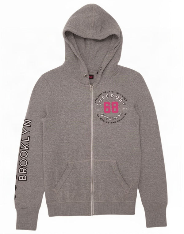 Superdry Womens Brooklyn Graphic Zip Hoodie Sweater UK 6 XS Grey Cotton