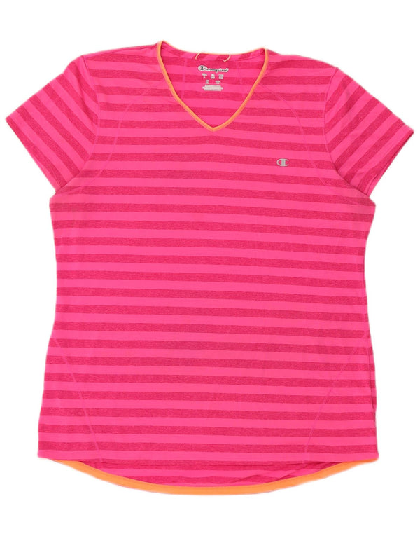 Champion Womens T-Shirt Top UK 16 Large Pink Striped Polyester