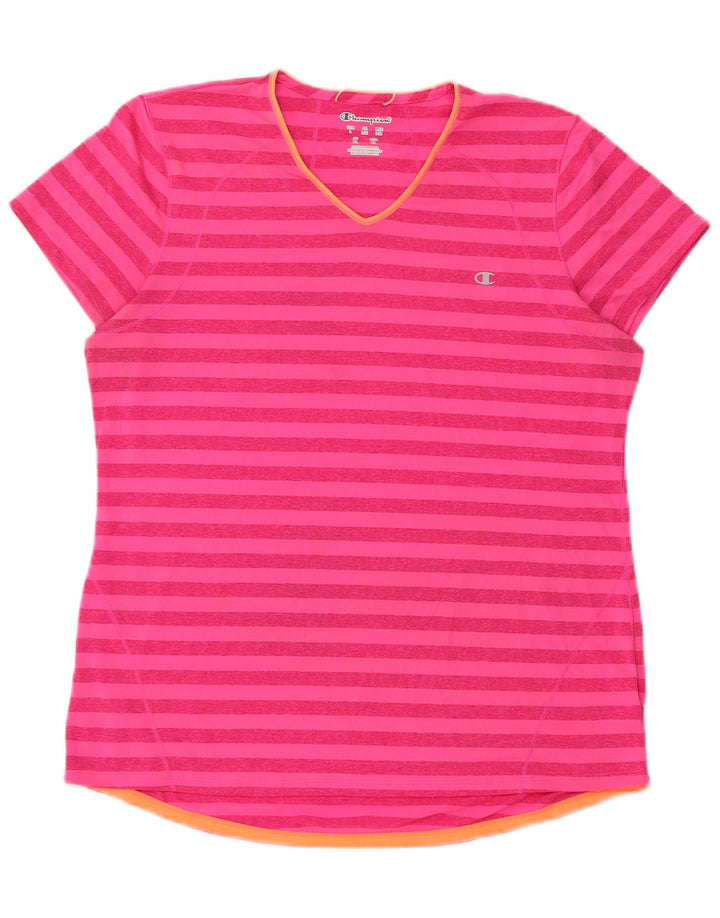 Champion Dame T-Shirt Top UK 16 Large Pink Stribet Polyester