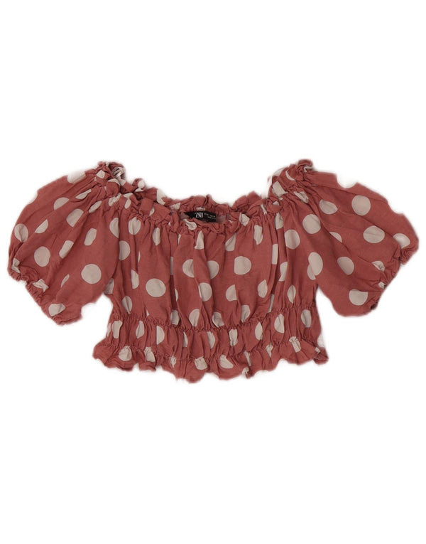 Zara Womens Off Shoulder Crop Top UK 6 XS Rød Polka Dot Linen