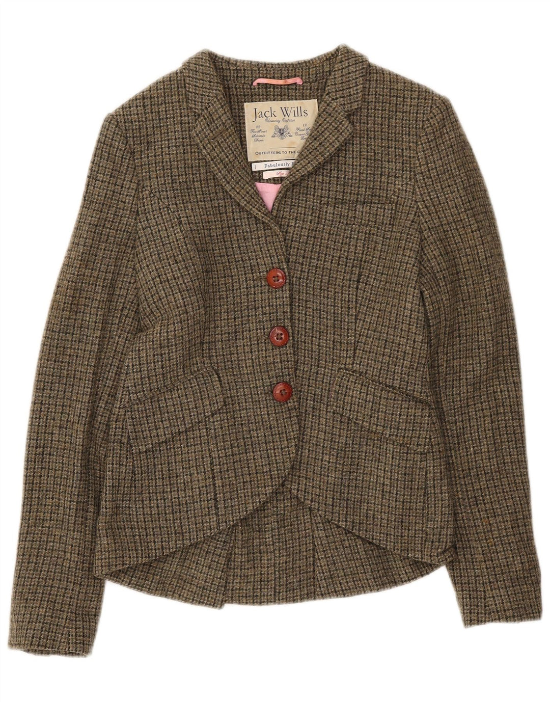Jack Wills Dame 3 Button Blazer Jacket UK 10 Small Khaki Houndstooth Wool