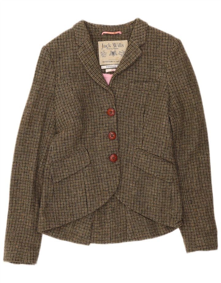 Jack Wills Dame 3 Button Blazer Jacket UK 10 Small Khaki Houndstooth Wool