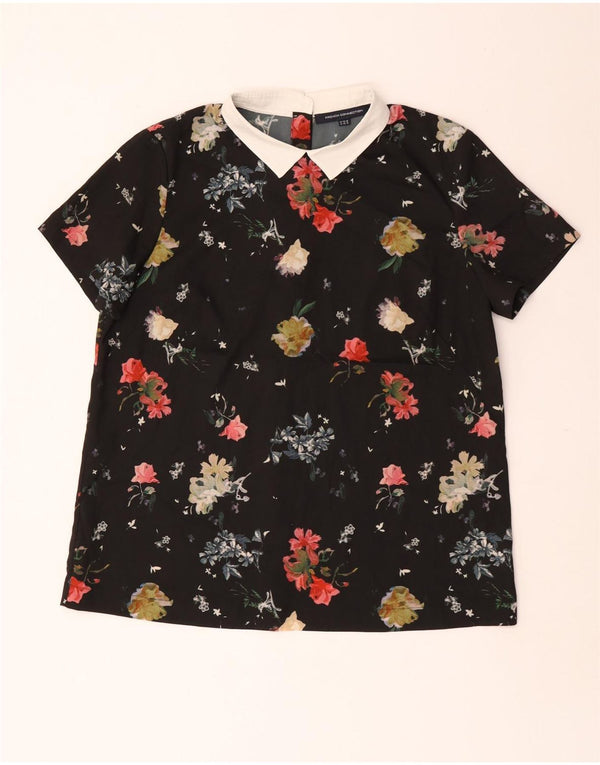 French Connection Womens Short Sleeve Shirt Blouse UK 14 Large Black Floral