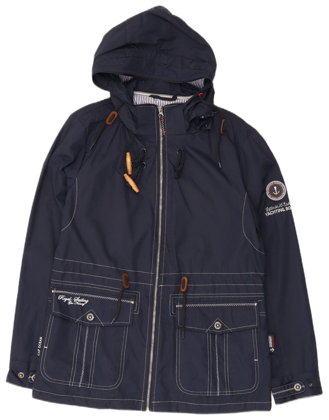 Vintage kvinders grafisk regnjakke med hætte UK 12 Mellem marineblå polyester