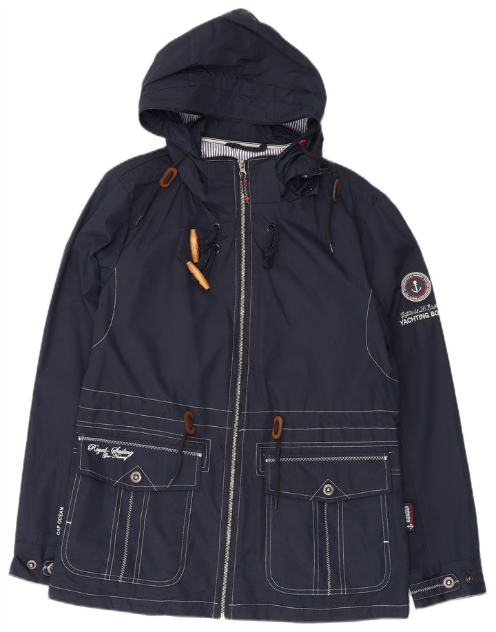 Vintage kvinders grafisk regnjakke med hætte UK 12 Mellem marineblå polyester
