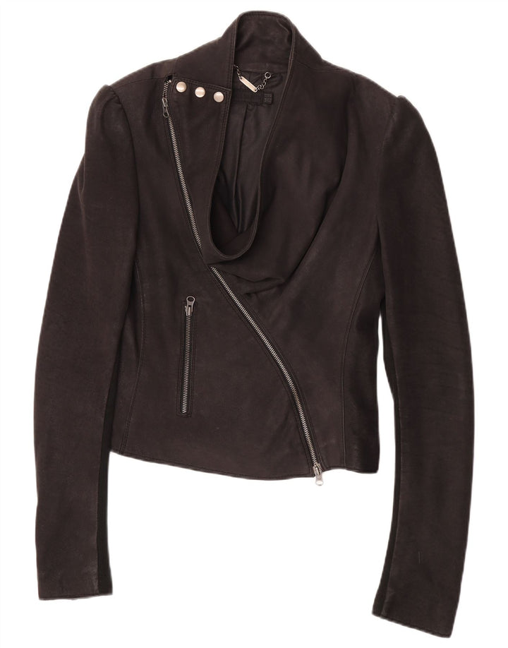 All Saints Dame Læder Racer Jakke UK 12 Medium Sort Læder